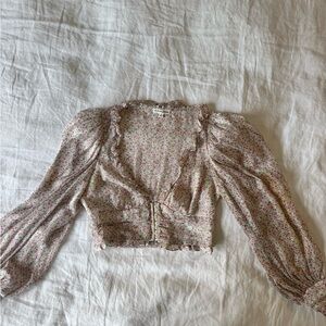 For Love & Lemons Floral Puff-Sleeve Crop Top in Cream and Pink